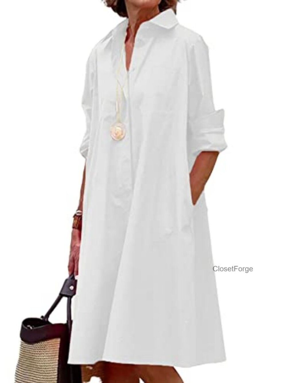 Women's Button-Down Shirt Dress Loose A-Line Midi Tunic Dress